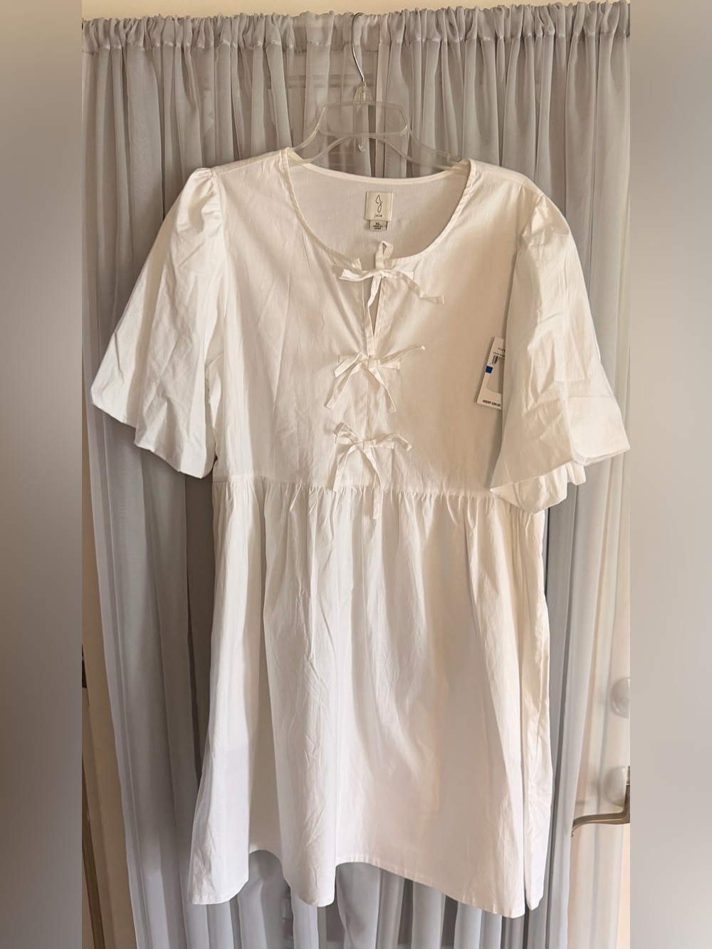 Joie White Cotton Midi Dress with Front Tie Bows XL New